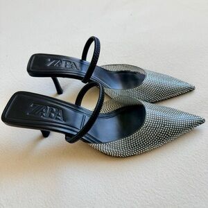 Zara Rhinestone Heeled Mules Black